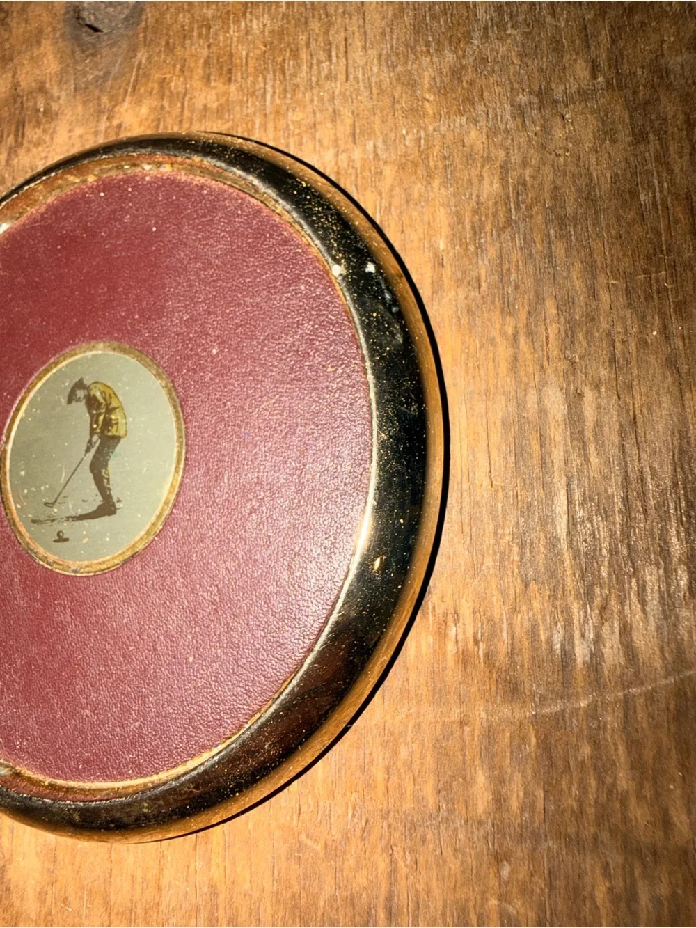 Set of 4 Vintage Golf-Themed Leather & Gold Coasters - Burgundy